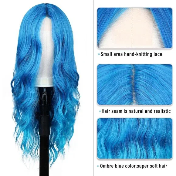 26 INCH Long Blue Wavy Middle Part Wig - Picture 4 of 5